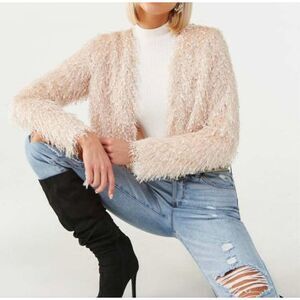 FOREVER 21 Full Shag Fringe Open Front Cream Color Cropped Blazer Jacket, Medium